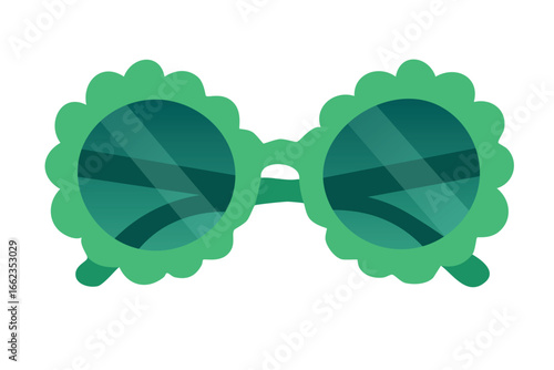 Stylish green sunglasses with round floral frame, trendy cartoon illustration in flat style.