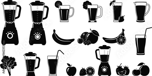 Black on White Juice Bar Silhouettes - Blenders, Glasses, and Fruits