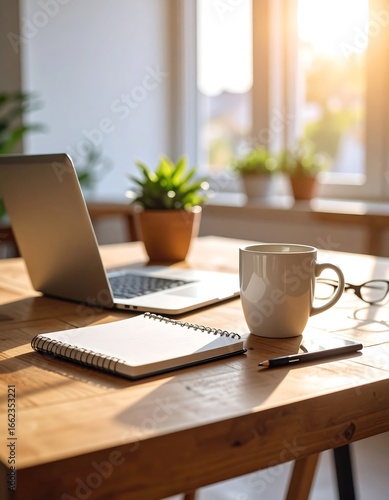 Home office workspace with laptop and coffee