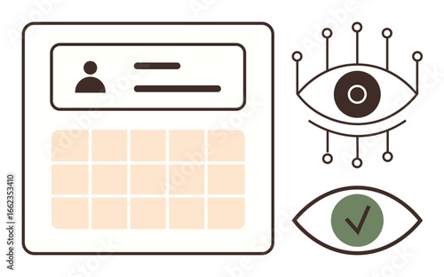 User profile card with data grid, tech-enhanced eye for biometric monitoring, eye icon with checkmark. Ideal for security, identity, data protection, AI, verification privacy technology. Simple