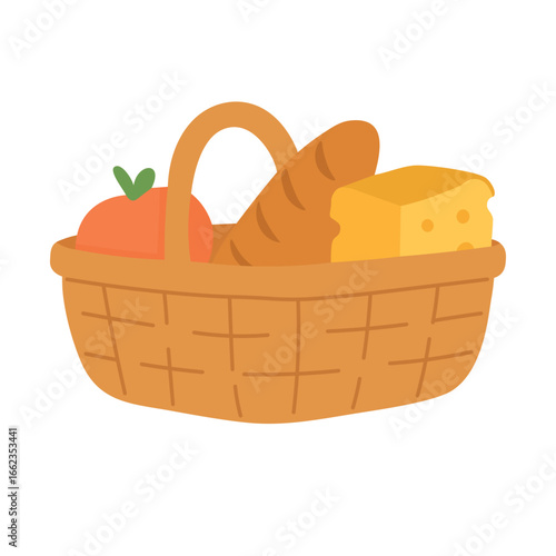 Wicker picnic basket with bread, cheese and fruit in flat cartoon vector illustration.