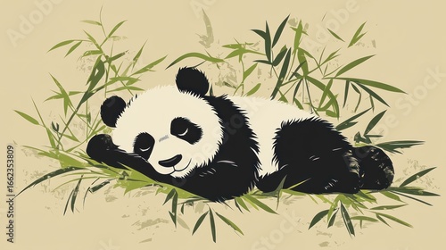 Cute panda cub asleep amidst bamboo