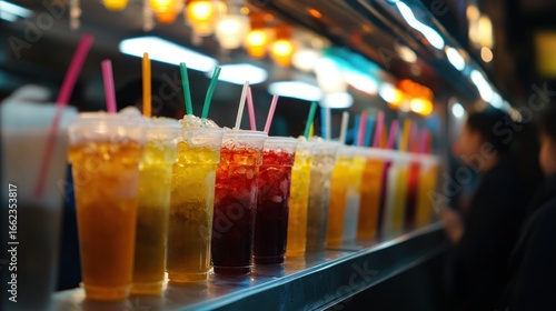 Colorful iced drinks in plastic cups, lined up on a counter, with colorful straws
