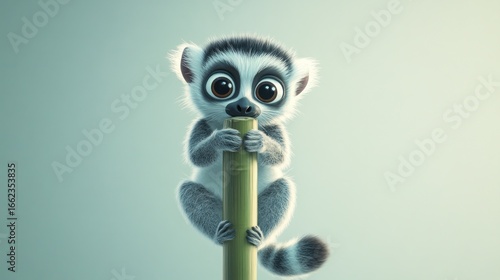 Cute lemur clinging to bamboo, soft colors
