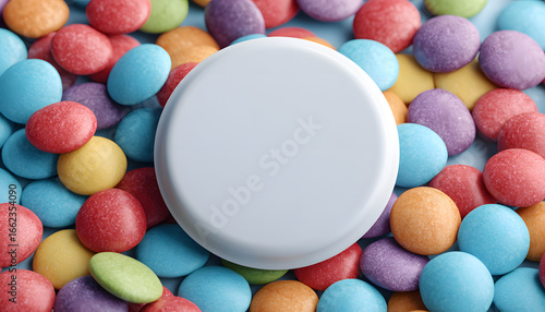 Blank white round sticker mockup on birthday or baby shower party favor bag with colorful candies, top view, close-up, dramatic atmosphere. White tone