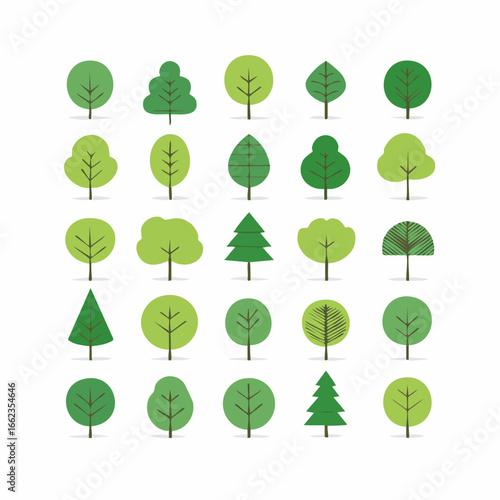 Green tree vector icon set with simple flat style, round leafy trees, minimal design collection for various uses