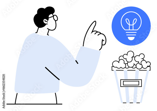Profile of a person raising a finger in realization, a glowing lightbulb icon, bucket of popcorn. Ideal for creativity, brainstorming, innovation, inspiration, leisure, entertainment simple landing