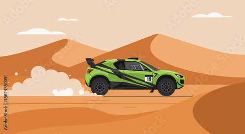 Off-road racing adventure desert landscape digital illustration dynamic environment bird's eye view thrilling concept. Vector illustration