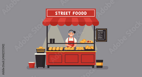 Street food market scene urban environment food stall illustration vibrant atmosphere front view culinary culture. Vector illustration