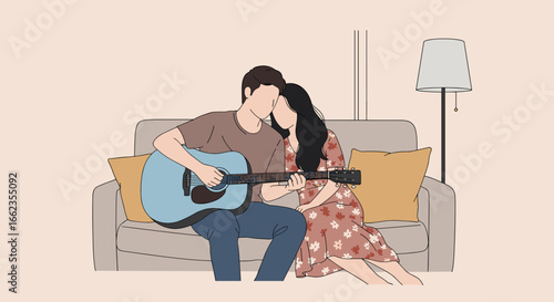 Romantic guitar serenade cozy living room illustration intimate setting close-up view love concept. Vector illustration