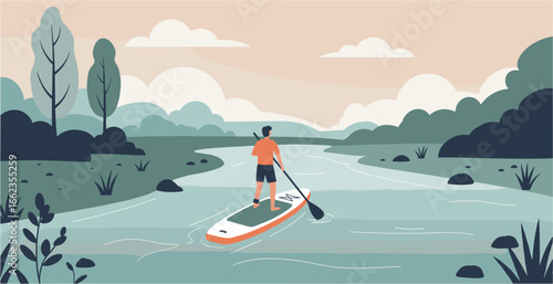 Paddling adventure on a calm river scenic nature digital illustration peaceful environment side view serenity. Vector illustration