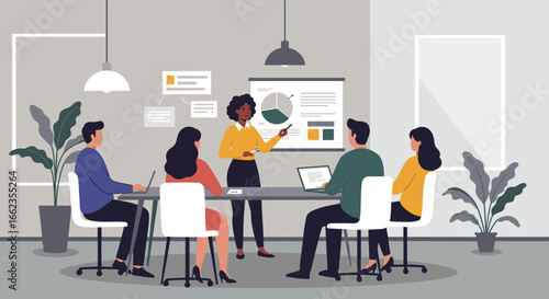 Team collaboration meeting with presentation in modern office space engaging discussion professional environment. Vector illustration