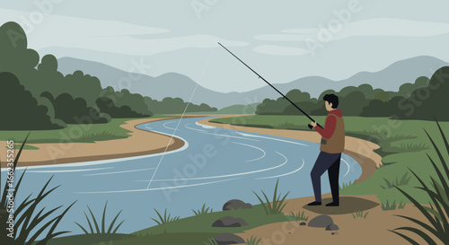 Fishing adventure by the serene riverbank nature scene scenic landscape tranquil environment side view outdoor experience. Vector illustration