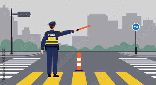 Police officer directing traffic at crosswalk in urban cityscape illustration daytime safety concept. Vector illustration