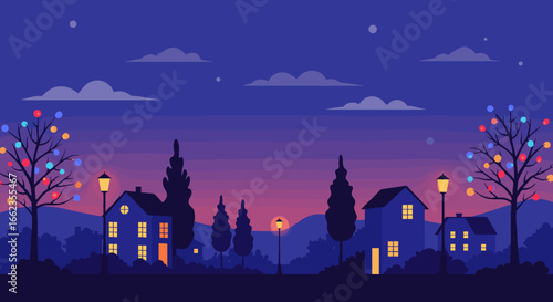 Evening serenity colorful homes and trees under a starry sky charming landscape digital art. Vector illustration