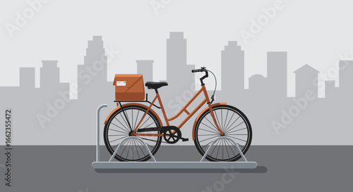 Bicycle delivery service urban city digital illustration modern environment side view sustainable transport concept. Vector illustration
