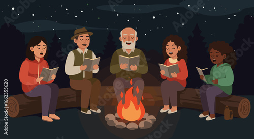 Campfire sing-along forest clearing illustration evening atmosphere group gathering connection and community. Vector illustration