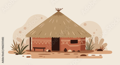 Traditional hut construction rural area illustration natural environment side view cultural heritage. Vector illustration