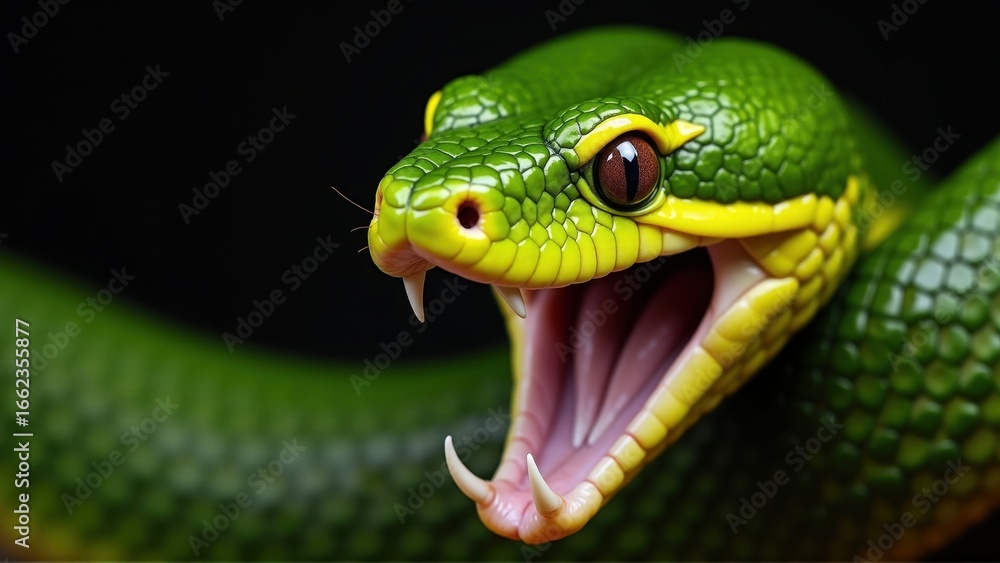Obraz premium Green Tree Snake with Open Mouth