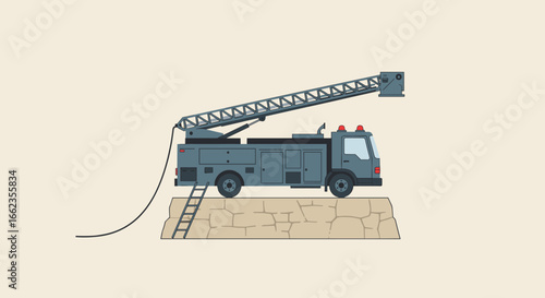 Fire truck in action urban location illustration emergency services side view fire safety concept. Vector illustration