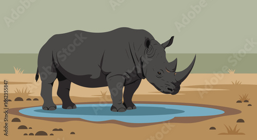 Rhino drinking water at a waterhole in the african savanna wildlife illustration serene environment side view perspective. Vector illustration