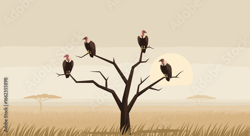 Vultures gathering at sunset african savanna digital illustration serene landscape aerial view wildlife concept. Vector illustration