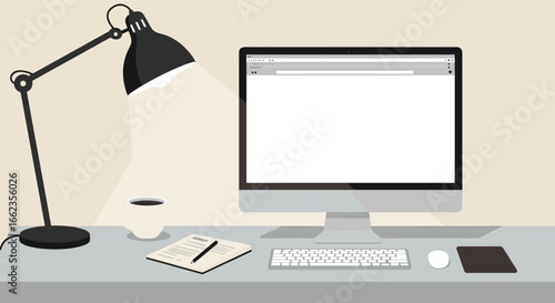 Working from home desk setup modern office digital workspace minimalist environment side view productivity concept. Vector illustration