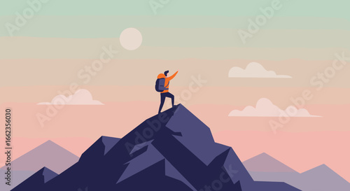 Hiking adventure on mountain peak at sunset digital art illustration tranquil landscape series of outdoor activities. Vector illustration