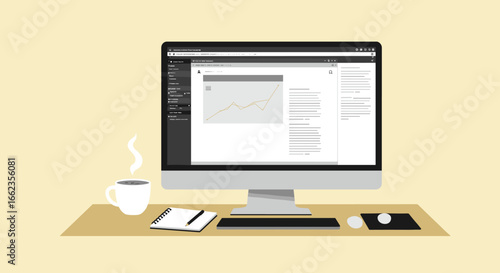 Data analysis trends office workspace digital illustration modern environment aerial view business insights. Vector illustration