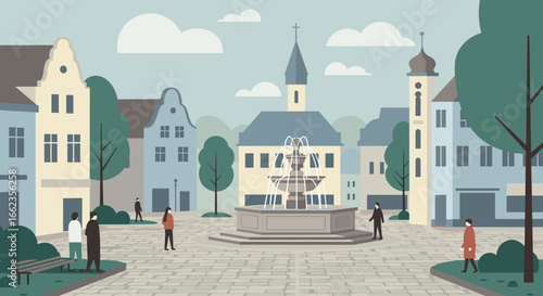 City square gathering urban fountain scene illustration calm atmosphere aerial view community life. Vector illustration