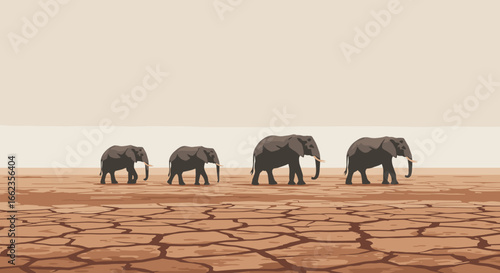 Elephants walking across cracked earth drought-stricken landscape digital illustration dry environment eye-level view climate change awareness. Vector illustration