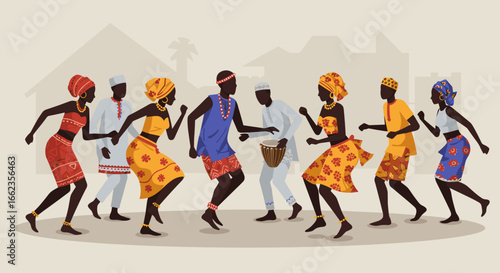Energetic dance celebration cultural festival digital illustration urban setting side view african heritage. Vector illustration