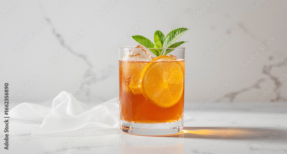 Fototapeta premium Refreshing Iced Cocktail with Orange and Mint Garnish on Elegant Marble Background