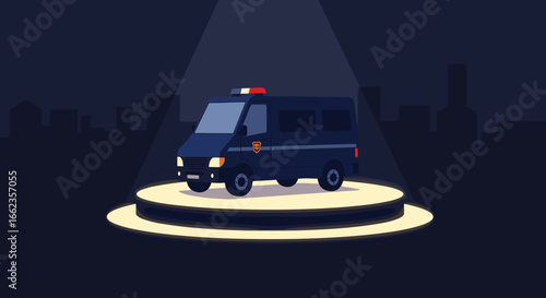 Police van response team urban setting digital illustration nighttime environment spotlight view law enforcement concept. Vector illustration