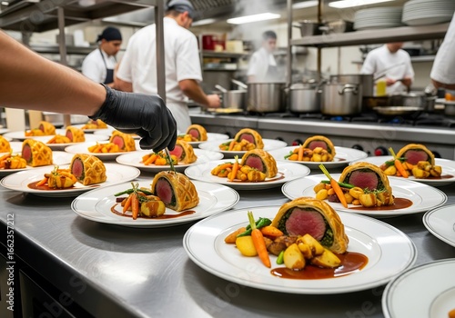 Fototapeta Naklejka Na Ścianę i Meble -  Elegant Fine Dining Beef Wellington With Roasted Vegetables And Red Wine Sauce Plated In A Gourmet Restaurant Kitchen, luxury food, fine dining, gourmet cuisine