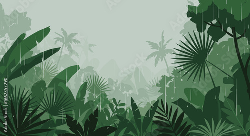 Rainy jungle experience tropical forest digital art lush environment elevated viewpoint serenity and nature. Vector illustration