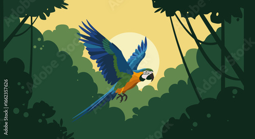 Majestic macaw soars through lush jungle at sunrise digital art vibrant nature scene aerial view. Vector illustration
