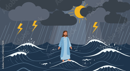 Miraculous calm amidst a storm jesus walks on water sea illustration dramatic inspirational. Vector illustration