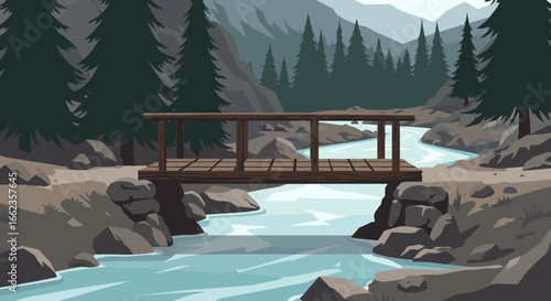 Exploring tranquil nature bridge over stream mountain landscape digital art serene environment aerial view peaceful concept. Vector illustration
