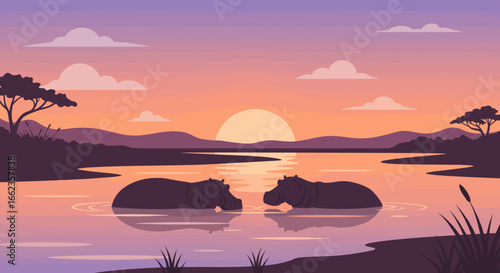 Sunset serenity hippos at play in tranquil african waters nature illustration peaceful environment. Vector illustration