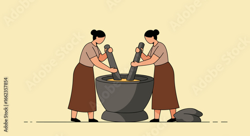 Women grinding ingredients in a traditional mortar kitchen digital art indoor eye-level cultural heritage. Vector illustration