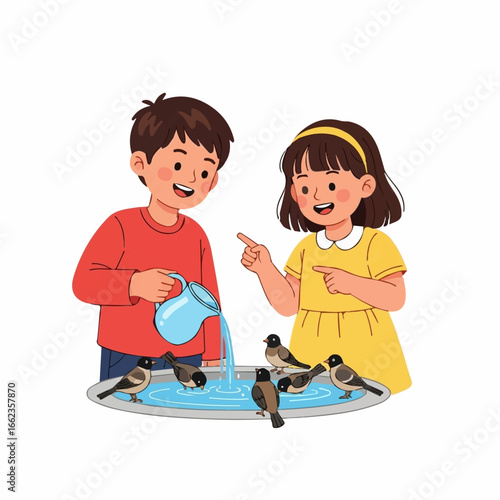 Two happy children joyfully pour water for a flock of birds at a birdbath, showcasing kindness and care for nature.