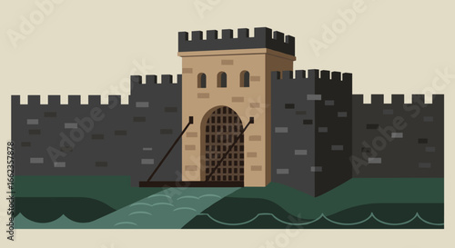 Exploring medieval architecture historic castle fortress digital art digital environment aerial view heritage. Vector illustration