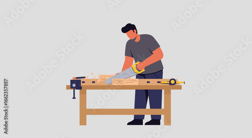 Woodworking action at home workshop crafting projects with tools and techniques in a creative environment. Vector illustration
