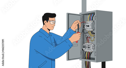 Electrician wiring circuit breaker indoor installation illustration controlled environment side view technical expertise. Vector illustration