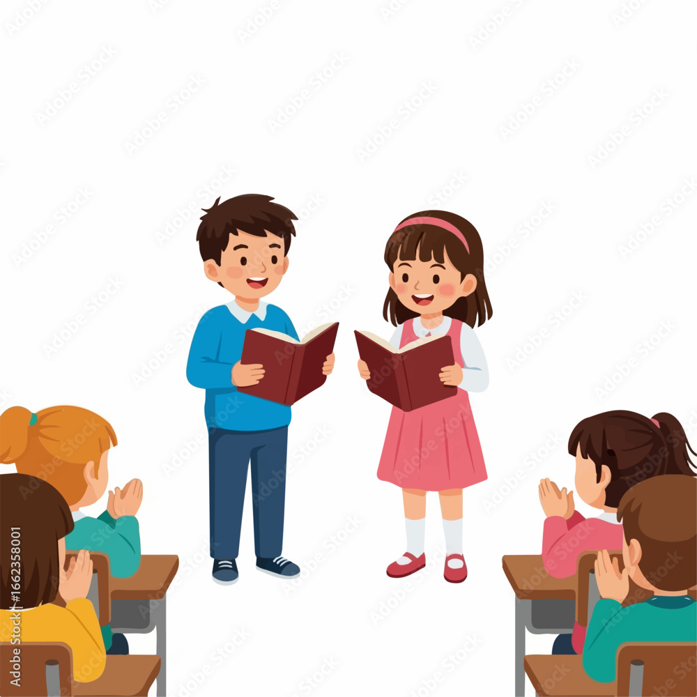 Two smiling children confidently present a book report to a captivated classroom of applauding classmates. Two smiling children confidently present a book report to a captivated classroom of applauding classmates.