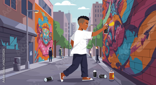 Urban youth creating vibrant graffiti art city street digital illustration creative environment low angle perspective. Vector illustration