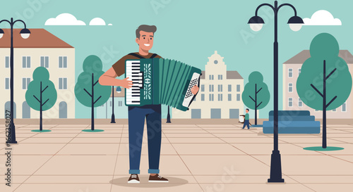 Street performer playing accordion in a city park urban scene illustration daytime joyful vibes. Vector illustration