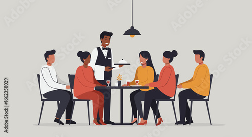 Dining experience with waiter serving food to guests in a stylish restaurant setting. Vector illustration