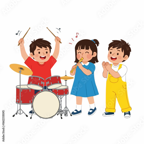 Three joyful children perform a lively musical act: a boy enthusiastically plays the drums, a girl serenades on a flute, and another boy claps in joyful appreciation.
